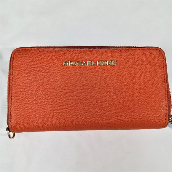 Michael Kors Saffiano Leather Zip-Around Orange Wallet - Picture 1 of 8